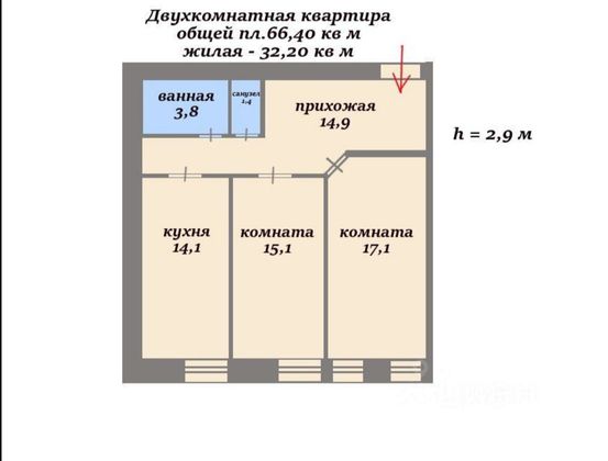 Продажа 2-комнатной квартиры 66,4 м², 3/5 этаж