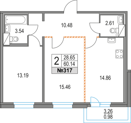 60,1 м², 2-комн. квартира, 2/16 этаж