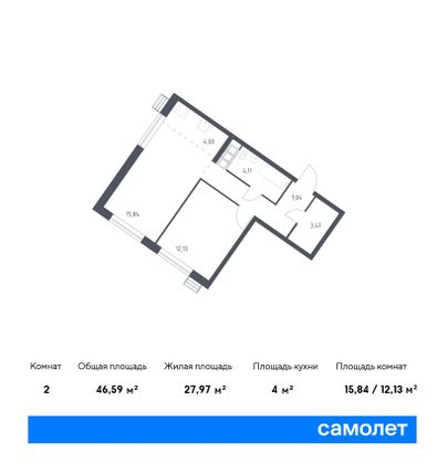 46,6 м², 1-комн. квартира, 15/24 этаж