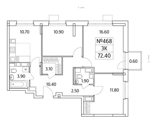 72,4 м², 3-комн. квартира, 24/25 этаж