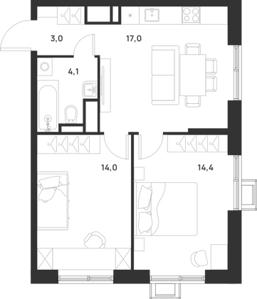 Продажа 2-комнатной квартиры 52,5 м², 16/17 этаж