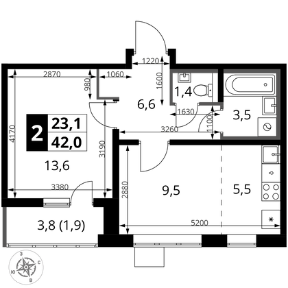 42 м², 2-комн. квартира, 2/24 этаж