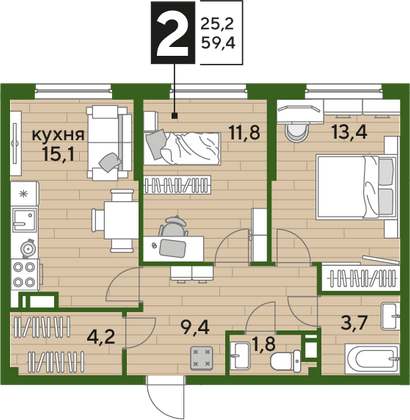 Продажа 2-комнатной квартиры 59,4 м², 10/19 этаж