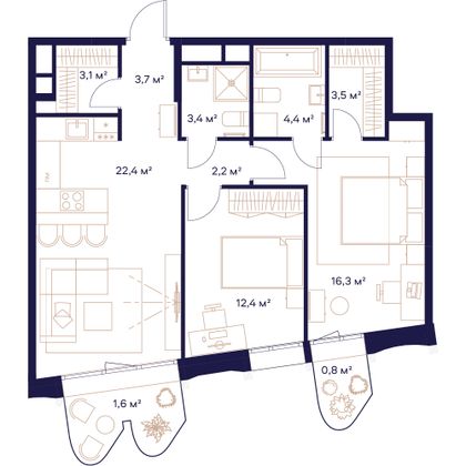 73,8 м², 2-комн. квартира, 14/23 этаж