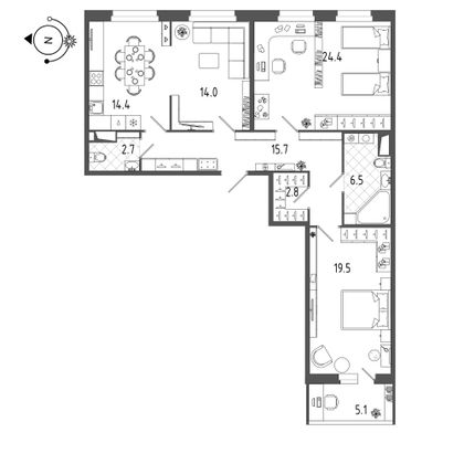 102,8 м², 3-комн. квартира, 11/19 этаж