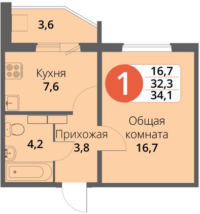 34,3 м², 1-комн. квартира, 7/16 этаж