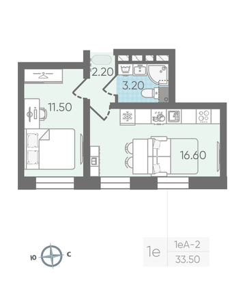 Продажа 1-комнатной квартиры 33,5 м², 2/16 этаж