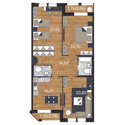 105,3 м², 3-комн. квартира, 2/14 этаж