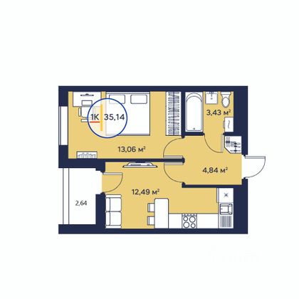 Продажа 1-комнатной квартиры 35,1 м², 20/24 этаж