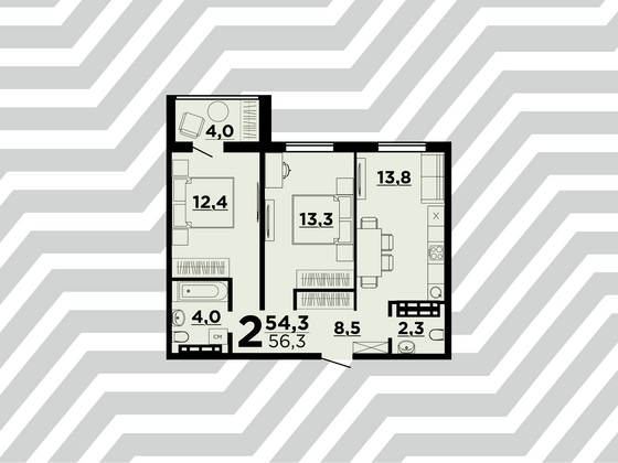 Продажа 2-комнатной квартиры 56,3 м², 6/9 этаж