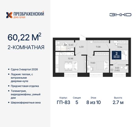 60,2 м², 2-комн. квартира, 8/10 этаж