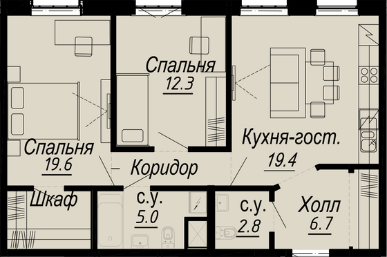 69,2 м², 2-комн. квартира, 5/8 этаж