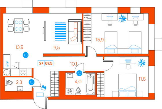 67,5 м², 2-комн. квартира, 9/21 этаж