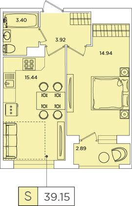 Продажа 1-комнатной квартиры 39,2 м², 2/13 этаж