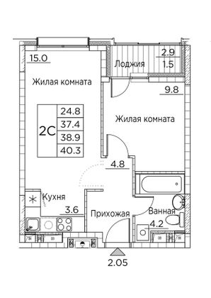 40,3 м², 2-комн. квартира, 3/21 этаж