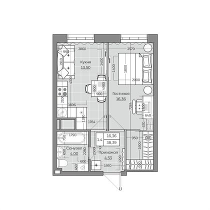 38,4 м², 1-комн. квартира, 3/25 этаж