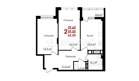 Продажа 2-комнатной квартиры 62,5 м², 7/9 этаж
