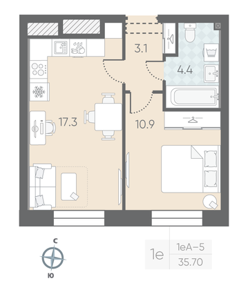 Продажа 1-комнатной квартиры 35,7 м², 2/10 этаж