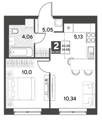 Продажа 2-комнатной квартиры 34,6 м², 22/25 этаж