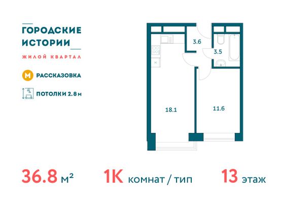 Продажа 1-комнатной квартиры 36,8 м², 13/19 этаж