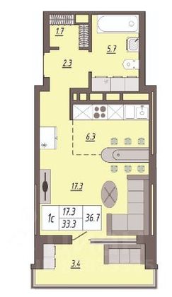 Продажа 1-комнатной квартиры 36 м², 2/19 этаж