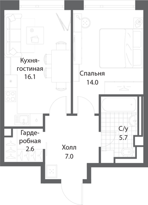 Продажа 1-комнатной квартиры 45,4 м², 14/35 этаж