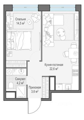 Продажа 1-комнатной квартиры 44,8 м², 2/14 этаж