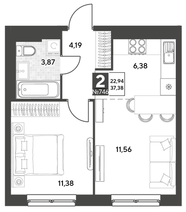 Продажа 2-комнатной квартиры 37,4 м², 14/25 этаж