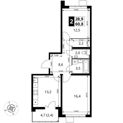 60,8 м², 2-комн. квартира, 7/24 этаж