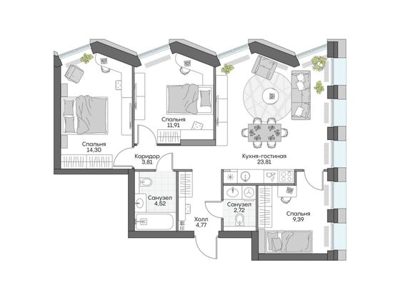 75,3 м², 3-комн. квартира, 5/16 этаж