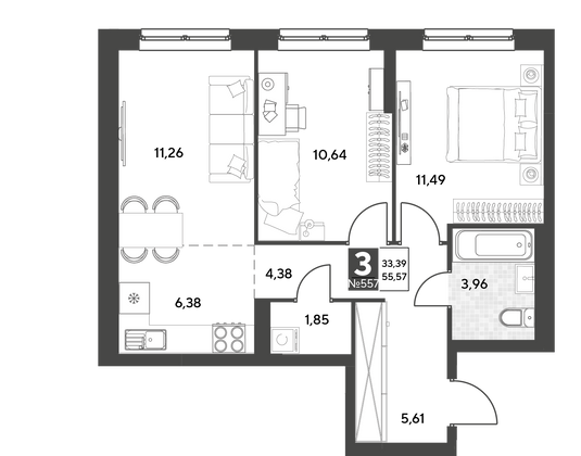 Продажа 3-комнатной квартиры 55,6 м², 2/25 этаж