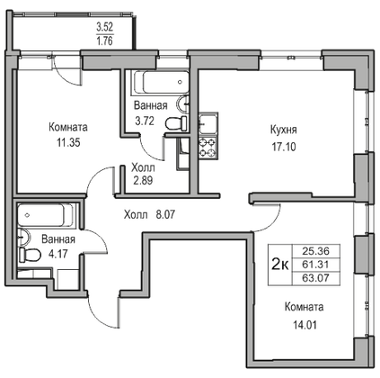Продажа 2-комнатной квартиры 61,3 м², 2/23 этаж