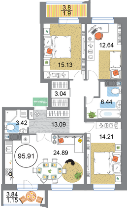 Продажа 3-комнатной квартиры 95,9 м², 9/12 этаж
