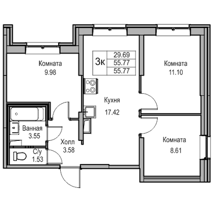 55,3 м², 3-комн. квартира, 1/24 этаж