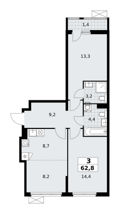 62,8 м², своб. планировка, 3/11 этаж