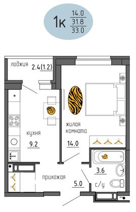 33 м², 1-комн. квартира, 16/25 этаж