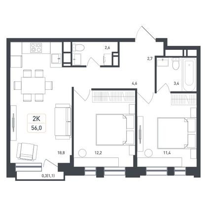 55,7 м², 2-комн. квартира, 6/8 этаж