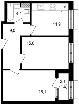 57,7 м², 2-комн. квартира, 4/20 этаж