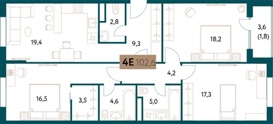 102,7 м², 4-комн. квартира, 13/15 этаж