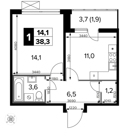 38,3 м², 1-комн. квартира, 14/14 этаж