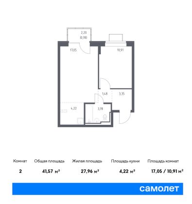 41,6 м², 2-комн. квартира, 8/12 этаж