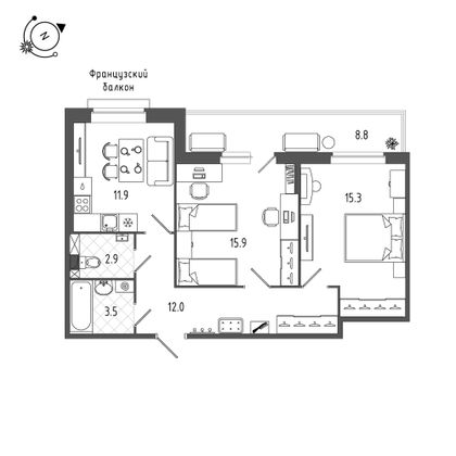 67,7 м², 2-комн. квартира, 2/12 этаж