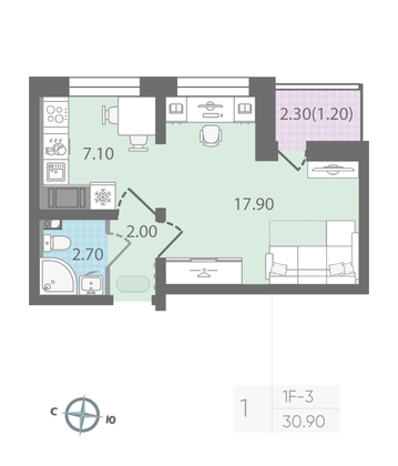 Продажа 1-комнатной квартиры 30,9 м², 20/25 этаж