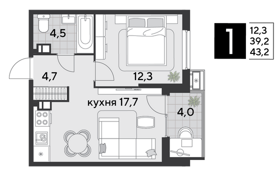 Продажа 1-комнатной квартиры 43,2 м², 9/18 этаж