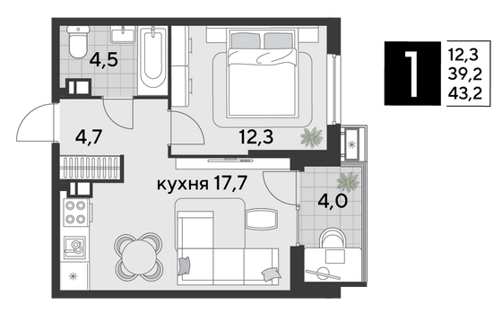 Продажа 1-комнатной квартиры 43,2 м², 7/18 этаж