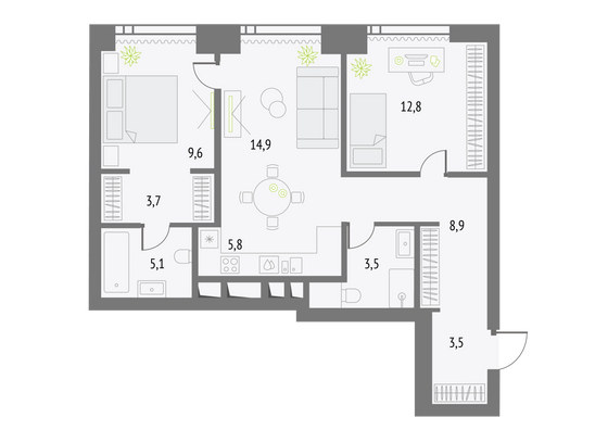 67,8 м², 2-комн. квартира, 26/55 этаж