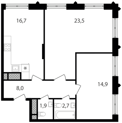 67,7 м², 2-комн. квартира, 28/30 этаж