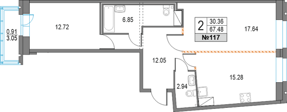 67,5 м², 2-комн. квартира, 2/25 этаж