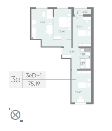 Продажа 3-комнатной квартиры 75,2 м², 16/17 этаж