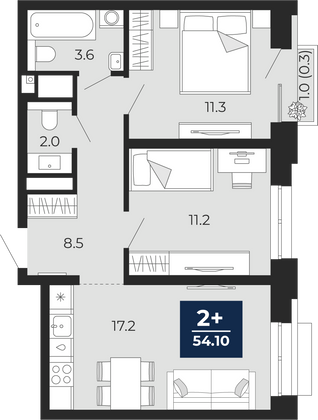 54,1 м², 2-комн. квартира, 4/26 этаж